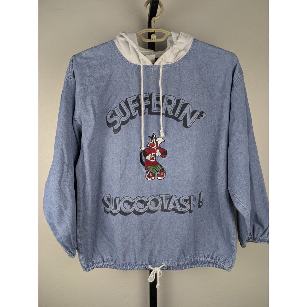 Vintage Sylvester Sufferin' Succotash denim pullover shirt white knit hood XL